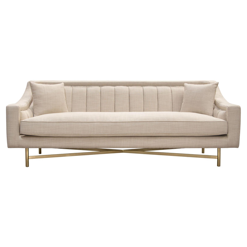 Croft Fabric Sofa in Sand Linen Fabric w/ Accent Pillows and Gold Metal Criss-Cross Frame by Diamond Sofa - Furniture City (CA)l