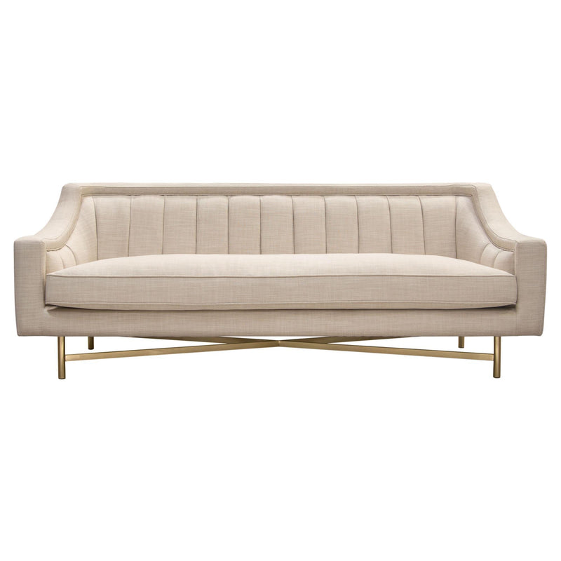 Croft Fabric Sofa in Sand Linen Fabric w/ Accent Pillows and Gold Metal Criss-Cross Frame by Diamond Sofa - Furniture City (CA)l