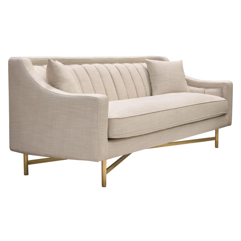Croft Fabric Sofa in Sand Linen Fabric w/ Accent Pillows and Gold Metal Criss-Cross Frame by Diamond Sofa - Furniture City (CA)l