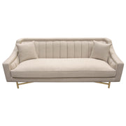 Croft Fabric Sofa in Sand Linen Fabric w/ Accent Pillows and Gold Metal Criss-Cross Frame by Diamond Sofa - Furniture City (CA)l