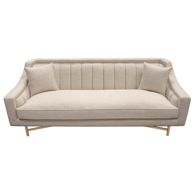 Croft Fabric Sofa in Sand Linen Fabric w/ Accent Pillows and Gold Metal Criss-Cross Frame by Diamond Sofa - Furniture City (CA)l