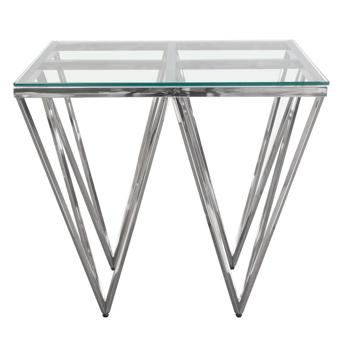 Omni Square End Table with Clear Tempered Glass Top and Polished Stainless Steel Base by Diamond Sofa