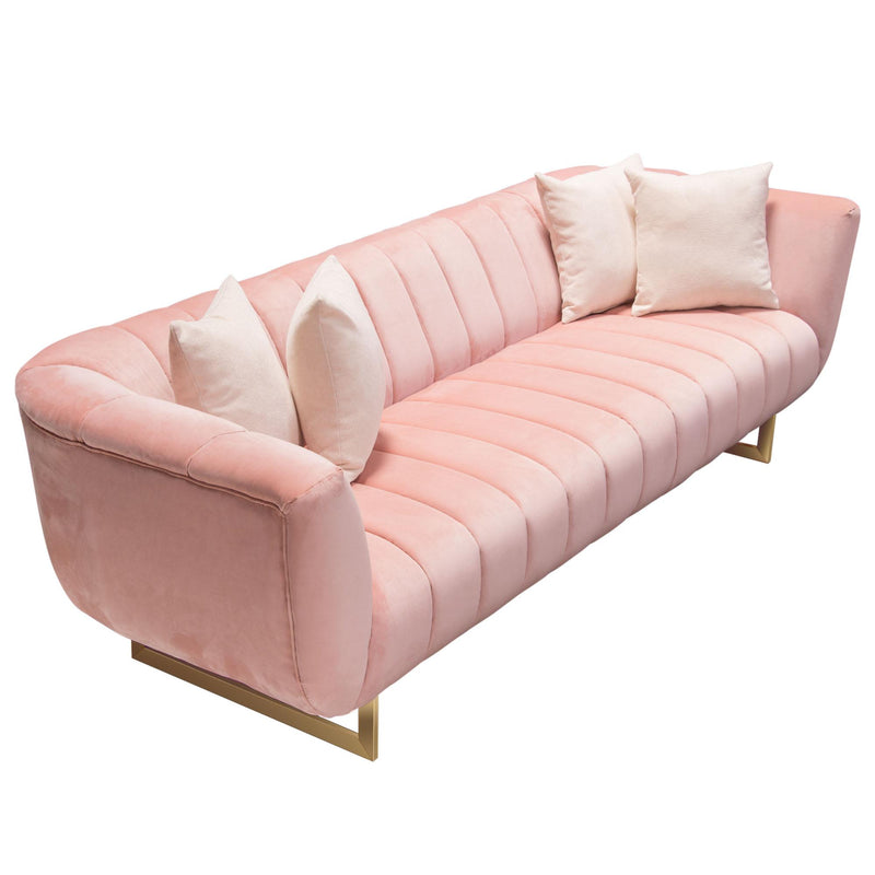 Venus Sofa in Blush Pink Velvet w/ Contrasting Pillows & Gold Finished Metal Base by Diamond Sofa - Furniture City (CA)l