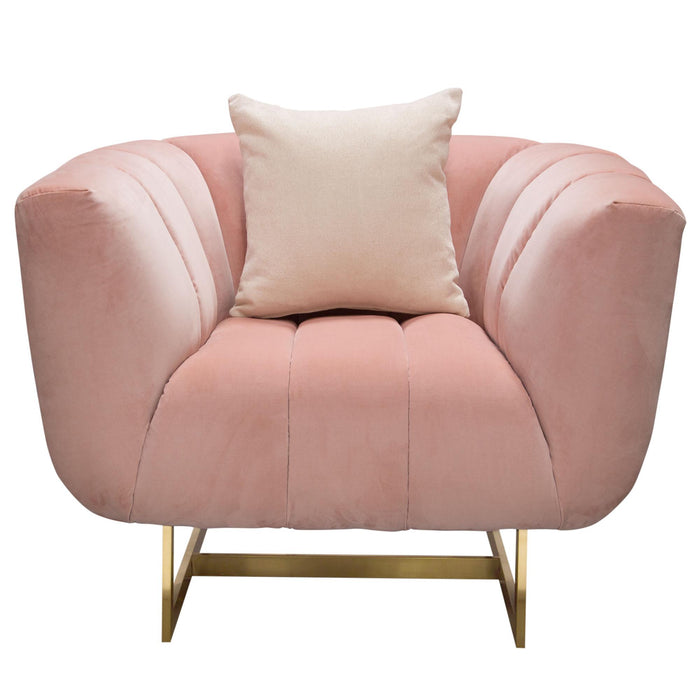 Venus Chair in Blush Pink Velvet w/ Contrasting Pillows & Gold Finished Metal Base by Diamond Sofa