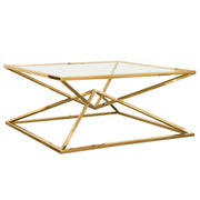 Aria Square Stainless Steel Cocktail Table w/ Polished Gold Finish Base & Clear, Tempered Glass Top by Diamond Sofa - Furniture City (CA)l