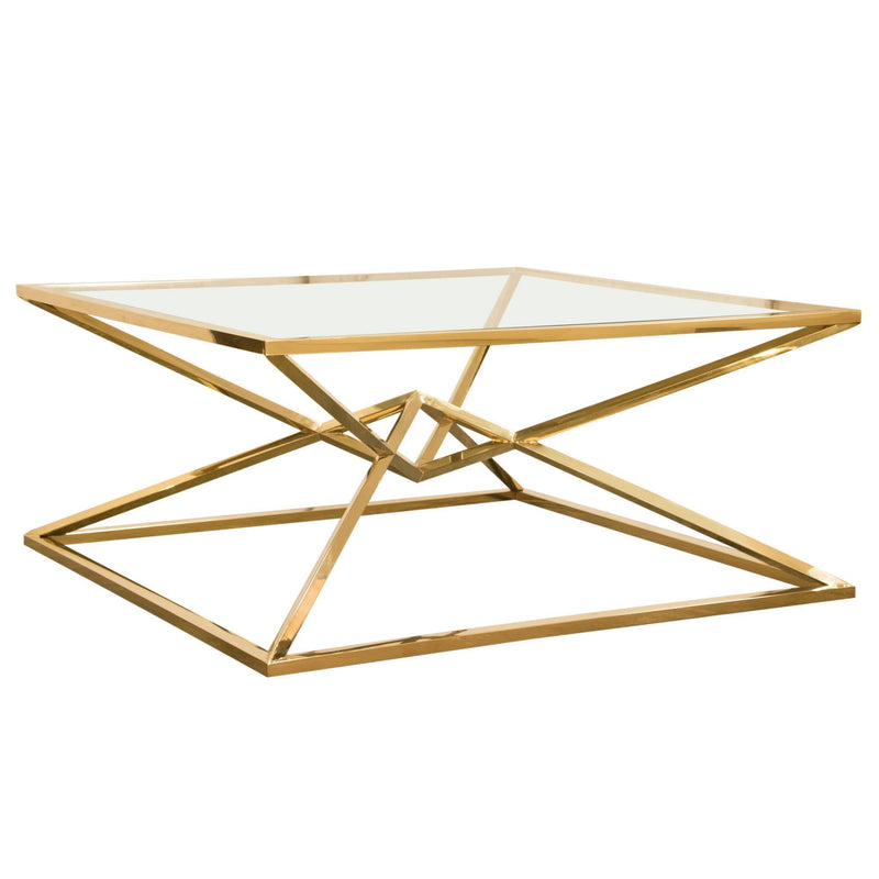 Aria Square Stainless Steel Cocktail Table w/ Polished Gold Finish Base & Clear, Tempered Glass Top by Diamond Sofa - Furniture City (CA)l