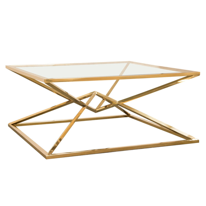 Aria Square Stainless Steel Cocktail Table w/ Polished Gold Finish Base & Clear, Tempered Glass Top by Diamond Sofa - Furniture City (CA)l