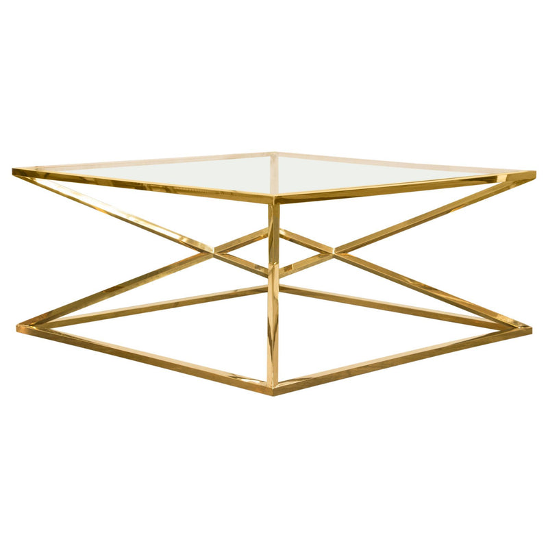 Aria Square Stainless Steel Cocktail Table w/ Polished Gold Finish Base & Clear, Tempered Glass Top by Diamond Sofa - Furniture City (CA)l
