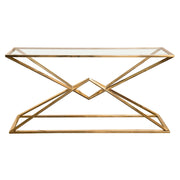 Aria Rectangle Stainless Steel Console Table w/ Polished Gold Finish Base & Clear, Tempered Glass Top by Diamond Sofa - Furniture City (CA)l