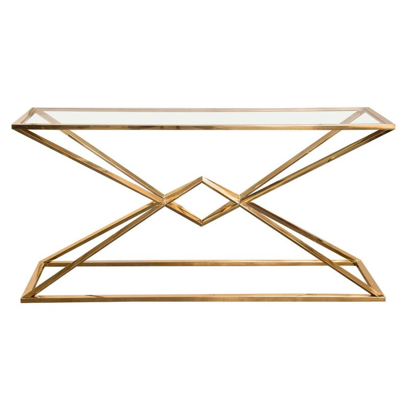 Aria Rectangle Stainless Steel Console Table w/ Polished Gold Finish Base & Clear, Tempered Glass Top by Diamond Sofa - Furniture City (CA)l