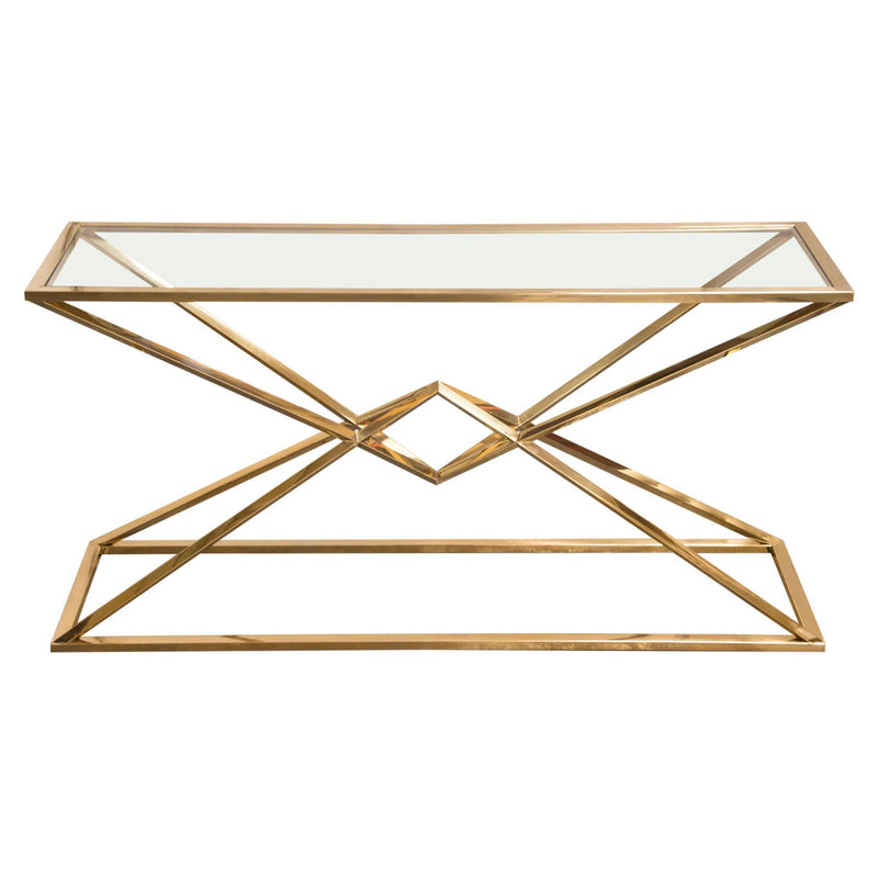 Aria Rectangle Stainless Steel Console Table w/ Polished Gold Finish Base & Clear, Tempered Glass Top by Diamond Sofa - Furniture City (CA)l