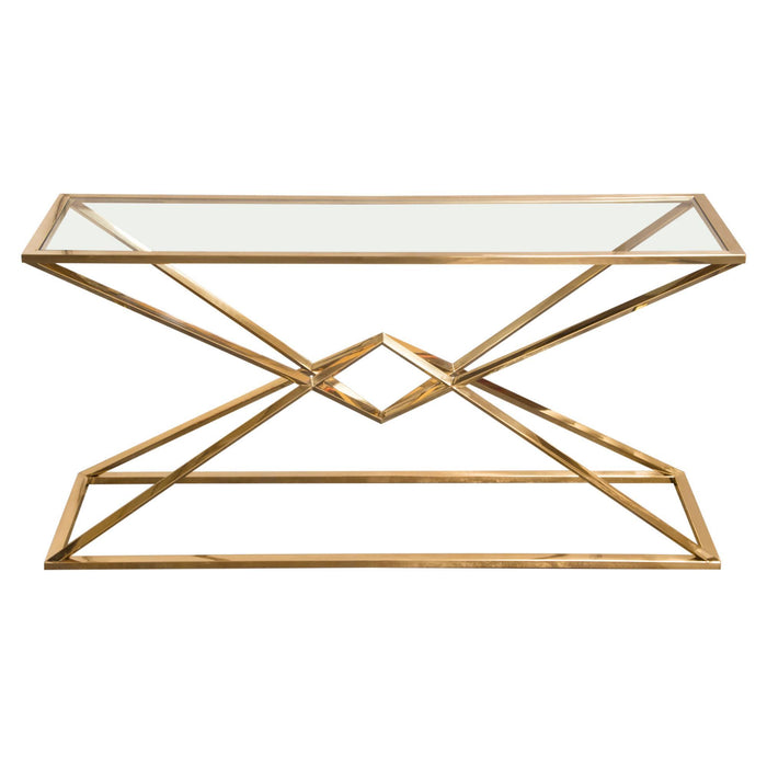 Aria Rectangle Stainless Steel Console Table w/ Polished Gold Finish Base & Clear, Tempered Glass Top by Diamond Sofa