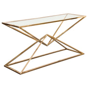 Aria Rectangle Stainless Steel Console Table w/ Polished Gold Finish Base & Clear, Tempered Glass Top by Diamond Sofa - Furniture City (CA)l