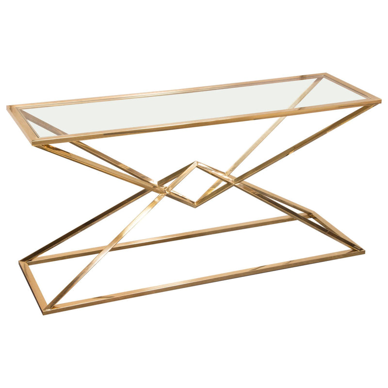 Aria Rectangle Stainless Steel Console Table w/ Polished Gold Finish Base & Clear, Tempered Glass Top by Diamond Sofa - Furniture City (CA)l