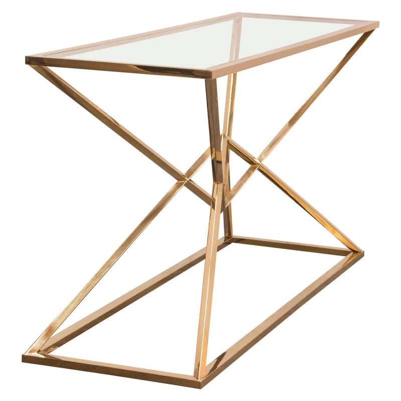 Aria Rectangle Stainless Steel Console Table w/ Polished Gold Finish Base & Clear, Tempered Glass Top by Diamond Sofa - Furniture City (CA)l