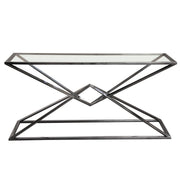 Aria Rectangle Stainless Steel Console Table w/ Polished Black Finish Base & Clear, Tempered Glass Top by Diamond Sofa - Furniture City (CA)l