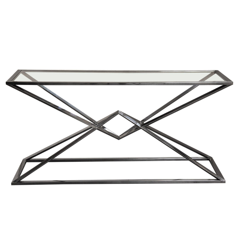 Aria Rectangle Stainless Steel Console Table w/ Polished Black Finish Base & Clear, Tempered Glass Top by Diamond Sofa - Furniture City (CA)l