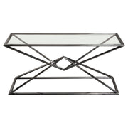 Aria Rectangle Stainless Steel Console Table w/ Polished Black Finish Base & Clear, Tempered Glass Top by Diamond Sofa - Furniture City (CA)l
