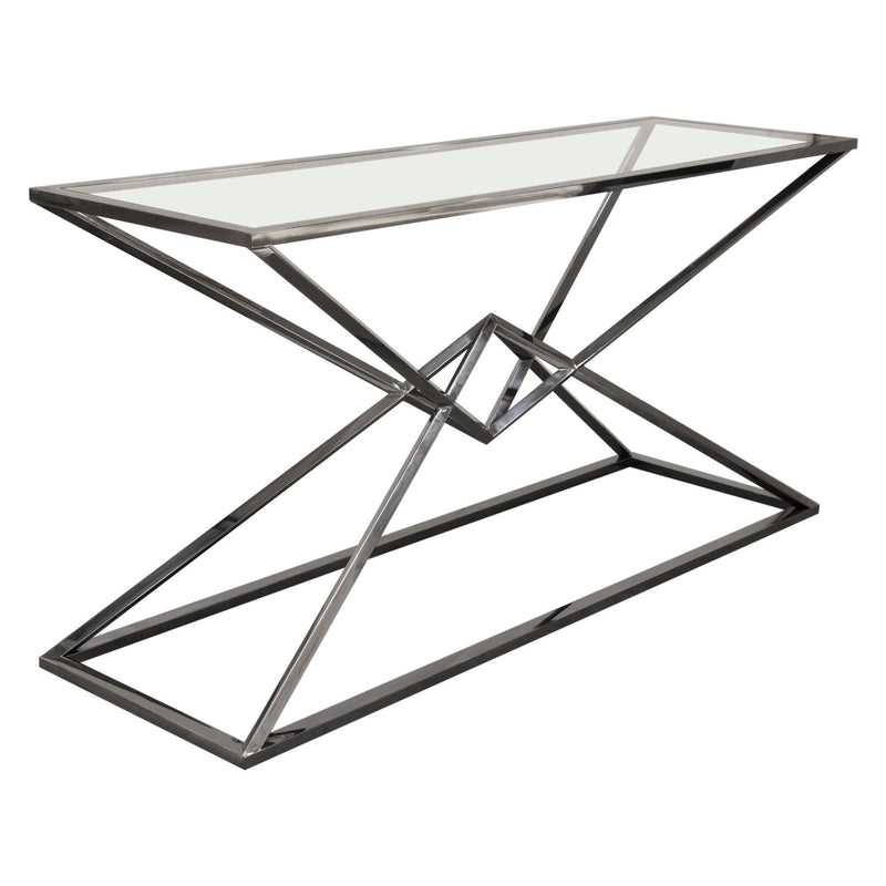 Aria Rectangle Stainless Steel Console Table w/ Polished Black Finish Base & Clear, Tempered Glass Top by Diamond Sofa - Furniture City (CA)l