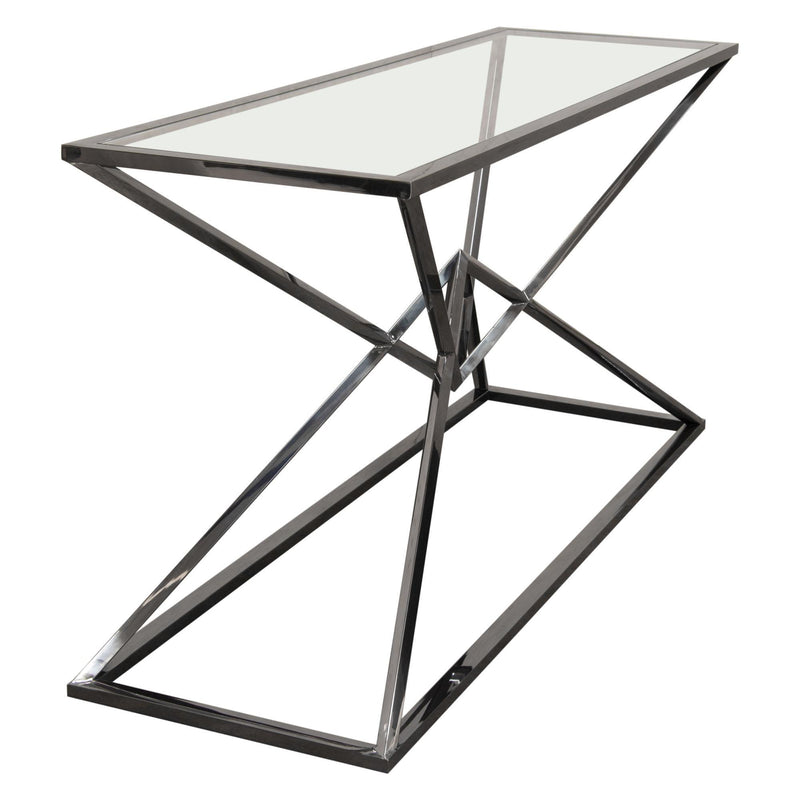 Aria Rectangle Stainless Steel Console Table w/ Polished Black Finish Base & Clear, Tempered Glass Top by Diamond Sofa - Furniture City (CA)l