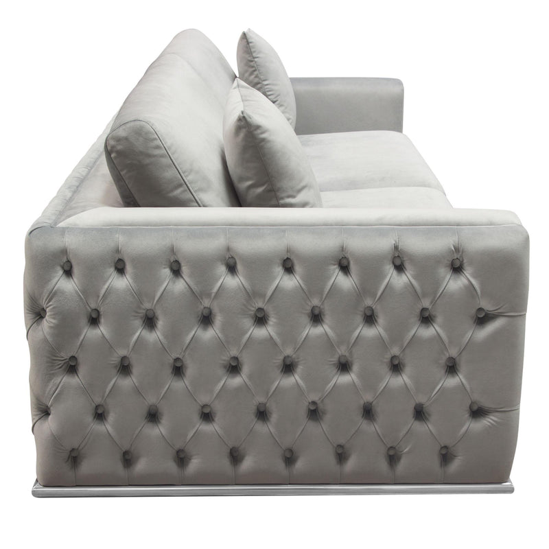Envy Sofa in Platinum Grey Velvet with Tufted Outside Detail and Silver Metal Trim by Diamond Sofa - Furniture City (CA)l