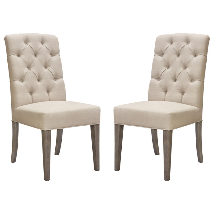 Set of Two Napa Tufted Dining Side Chairs in Sand Linen Fabric with Wood Legs in Grey Oak Finish by Diamond Sofa