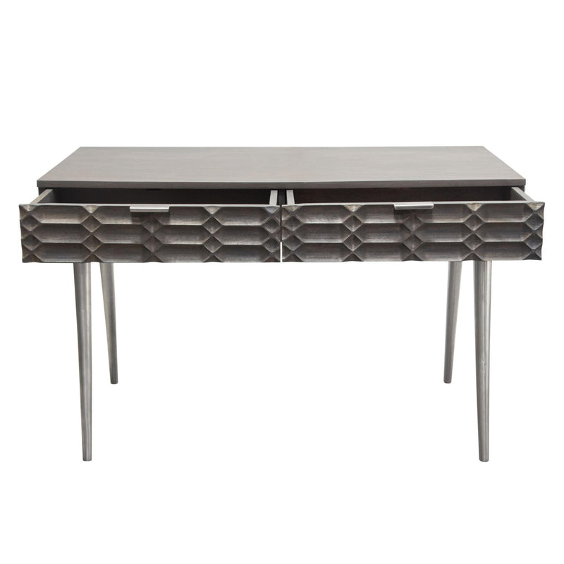 Petra Solid Mango Wood 2-Drawer Writing Desk in Smoke Grey Finish w/ Nickel Legs by Diamond Sofa - Furniture City (CA)l