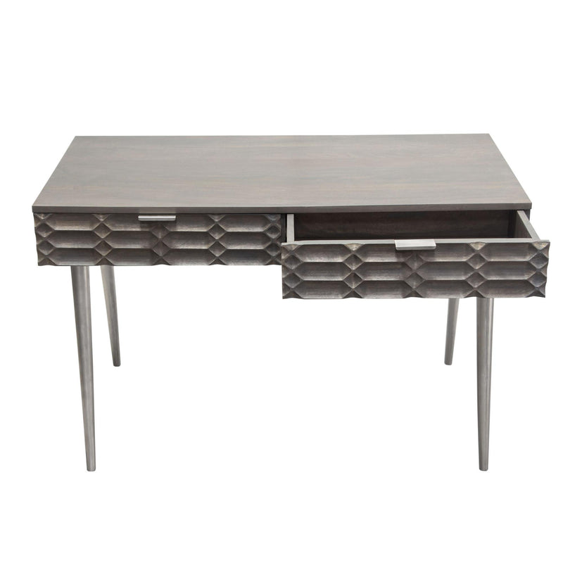 Petra Solid Mango Wood 2-Drawer Writing Desk in Smoke Grey Finish w/ Nickel Legs by Diamond Sofa - Furniture City (CA)l