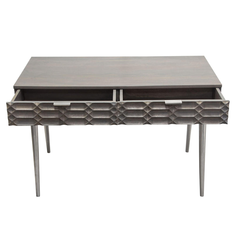 Petra Solid Mango Wood 2-Drawer Writing Desk in Smoke Grey Finish w/ Nickel Legs by Diamond Sofa - Furniture City (CA)l