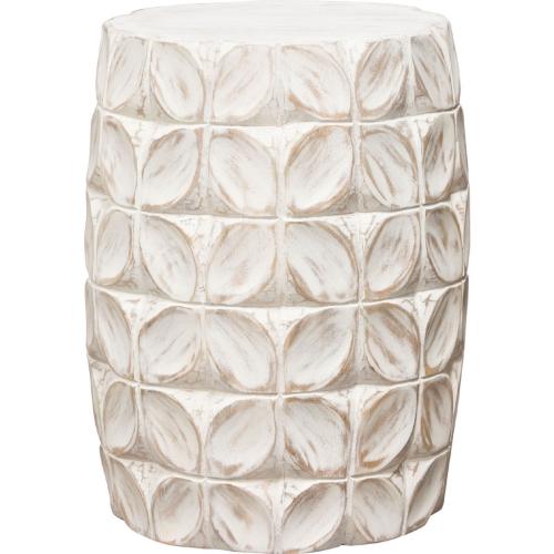 Fig Solid Mango Wood Accent Table in Distressed White Finish w/ Leaf Motif - Furniture City (CA)l