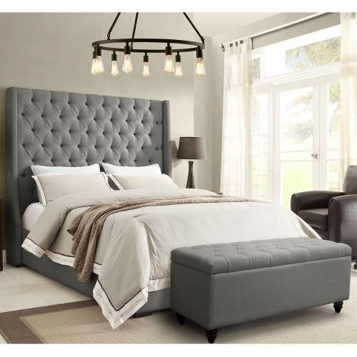 Park Avenue Eastern King Tufted Bed with Vintage Wing in Grey Linen - Furniture City (CA)l