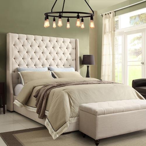Park Avenue Eastern King Tufted Bed with Vintage Wing in Desert Sand Linen - Furniture City (CA)l