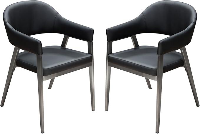 Adele Set of Two Dining/Accent Chairs in Black Leatherette w/ Brushed Stainless Steel Leg