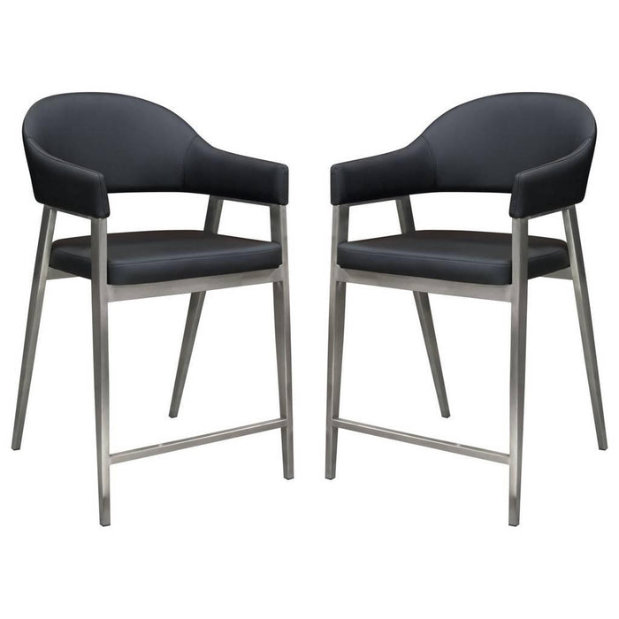 Adele Set of Two Counter Height Chairs in Black Leatherette w/ Brushed Stainless Steel Leg