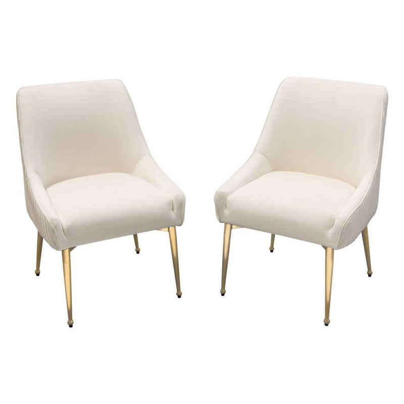 Set of (2) Quinn Dining Chairs w/ Vertical Outside Pleat Detail and Contoured Arm in Cream Velvet w/ Brushed Gold Metal Leg - Furniture City (CA)l