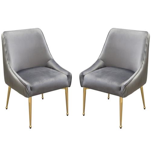 Set of (2) Quinn Dining Chairs w/ Vertical Outside Pleat Detail and Contoured Arm in Grey Velvet w/ Brushed Gold Metal Leg - Furniture City (CA)l