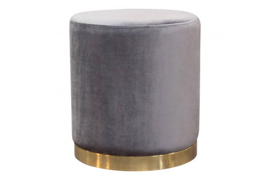 Sorbet Round Accent Ottoman in Grey Velvet w/ Silver Metal Band Accent