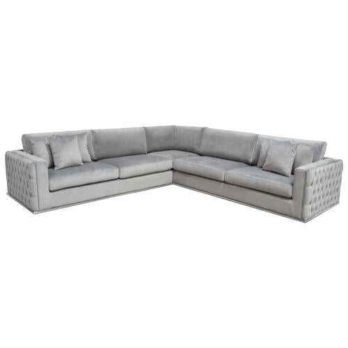 Envy 3PC Sectional in Platinum Grey Velvet with Tufted Outside Detail and Silver Metal Trim - Furniture City (CA)l