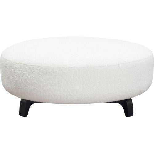 Vesper Round Ottoman in Faux White Shearling w/ Black Wood Leg Base - Furniture City (CA)l