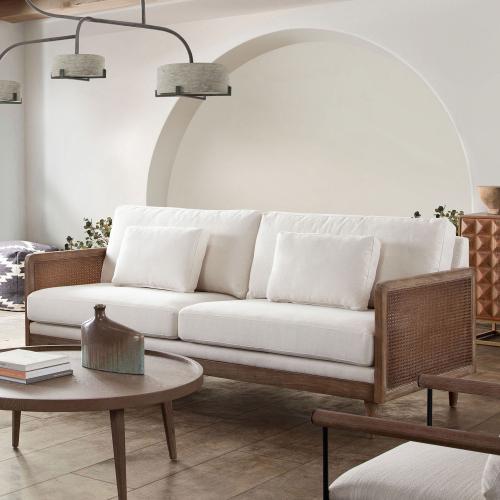 Piper Sofa in White Linen Fabric w/ Natural Rattan - Furniture City (CA)l