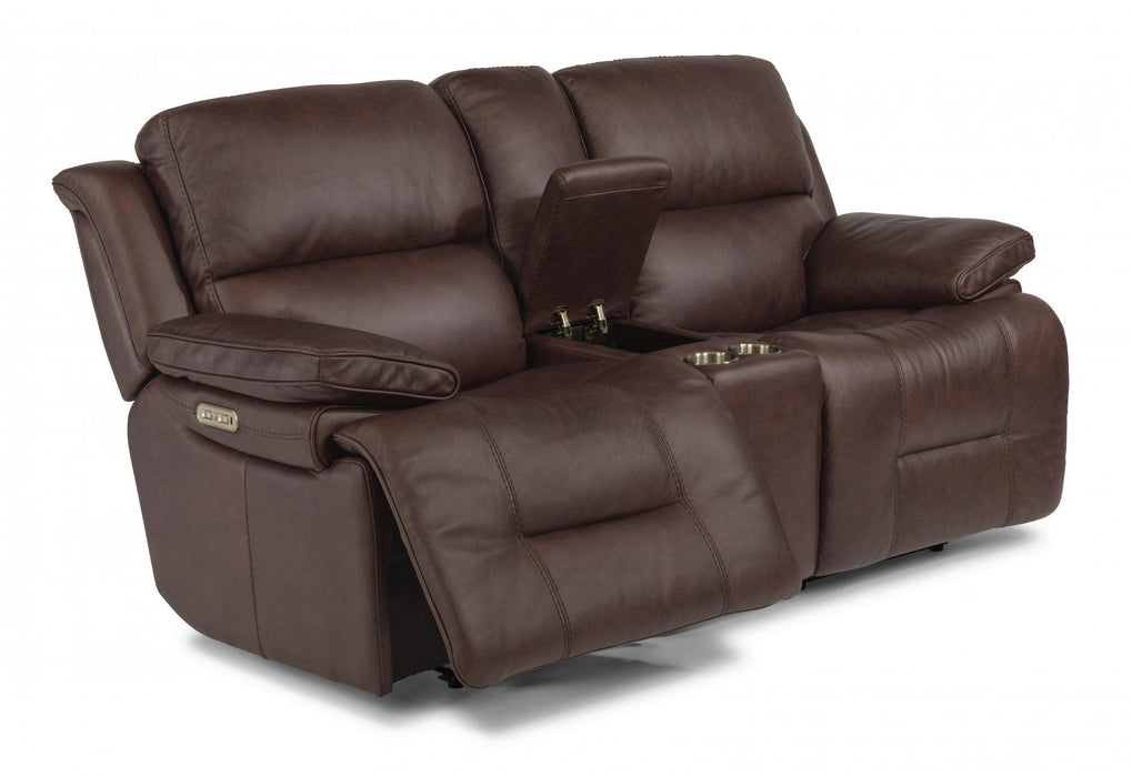 Flexsteel Latitudes Apollo Leather Power Reclining Loveseat w/Console and Power Headrests in Brown