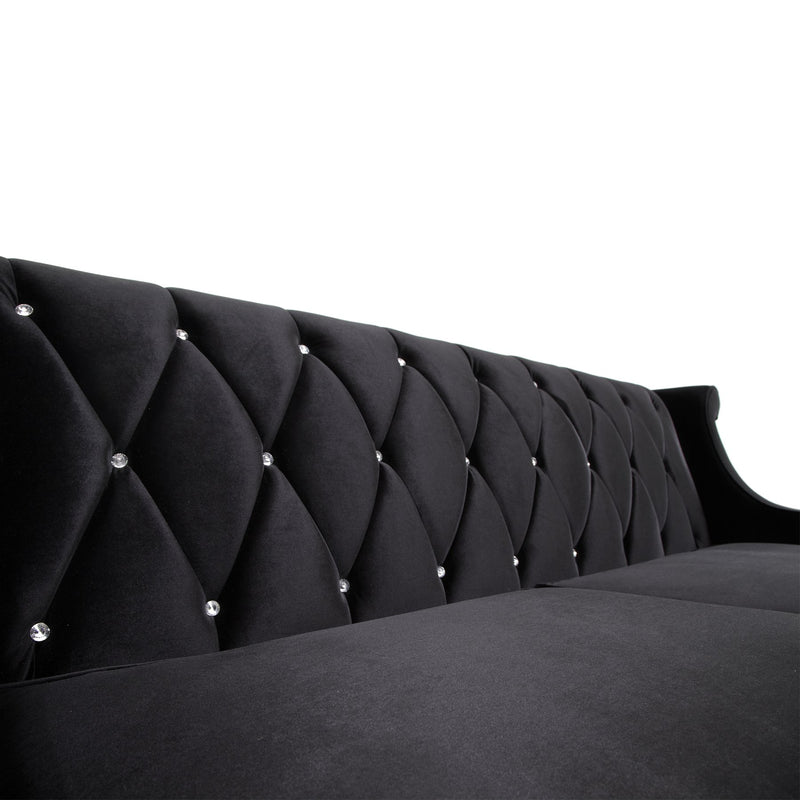 Barrister Sofa In Black Velvet With Crystal Buttons - Furniture City (CA)l