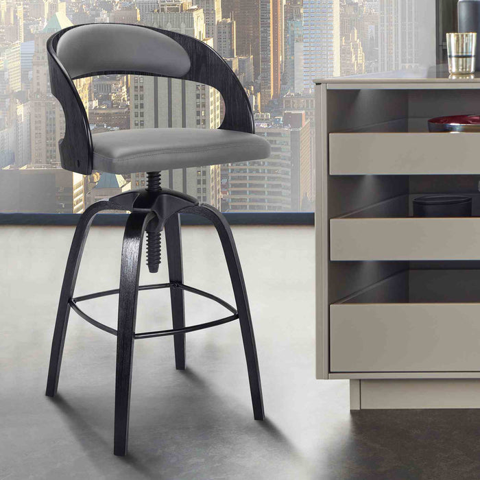 Abby Contemporary Adjustable Barstool in Black Brushed Wood Finish and Gray Faux Leather