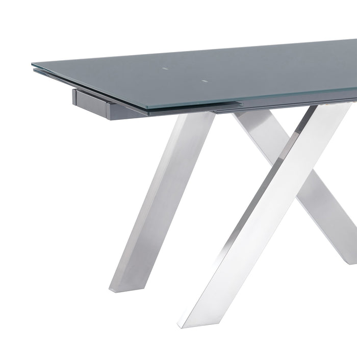 Ace Contemporary Extension Dining Table in Gray Powder Coated Finish with Brushed Stainless Steel and Gray Tempered Glass Top
