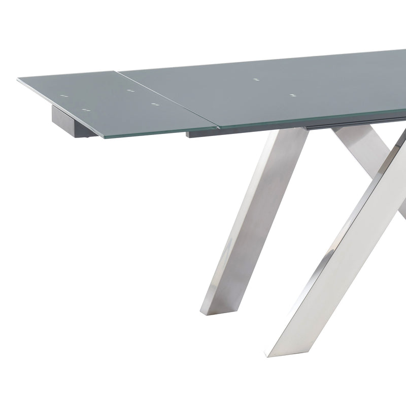 Ace Contemporary Extension Dining Table in Gray Powder Coated Finish with Brushed Stainless Steel and Gray Tempered Glass Top - Furniture City (CA)l