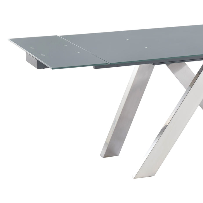 Ace Contemporary Extension Dining Table in Gray Powder Coated Finish with Brushed Stainless Steel and Gray Tempered Glass Top