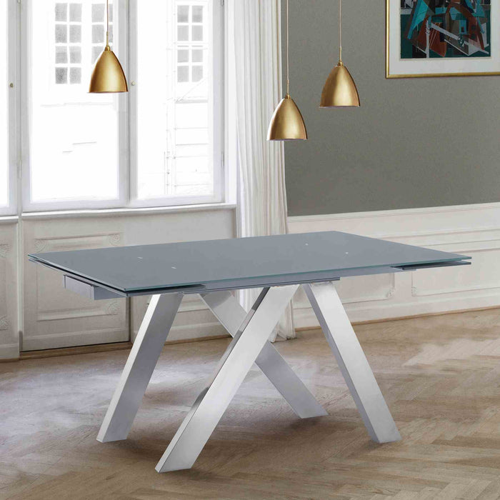 Ace Contemporary Extension Dining Table in Gray Powder Coated Finish with Brushed Stainless Steel and Gray Tempered Glass Top
