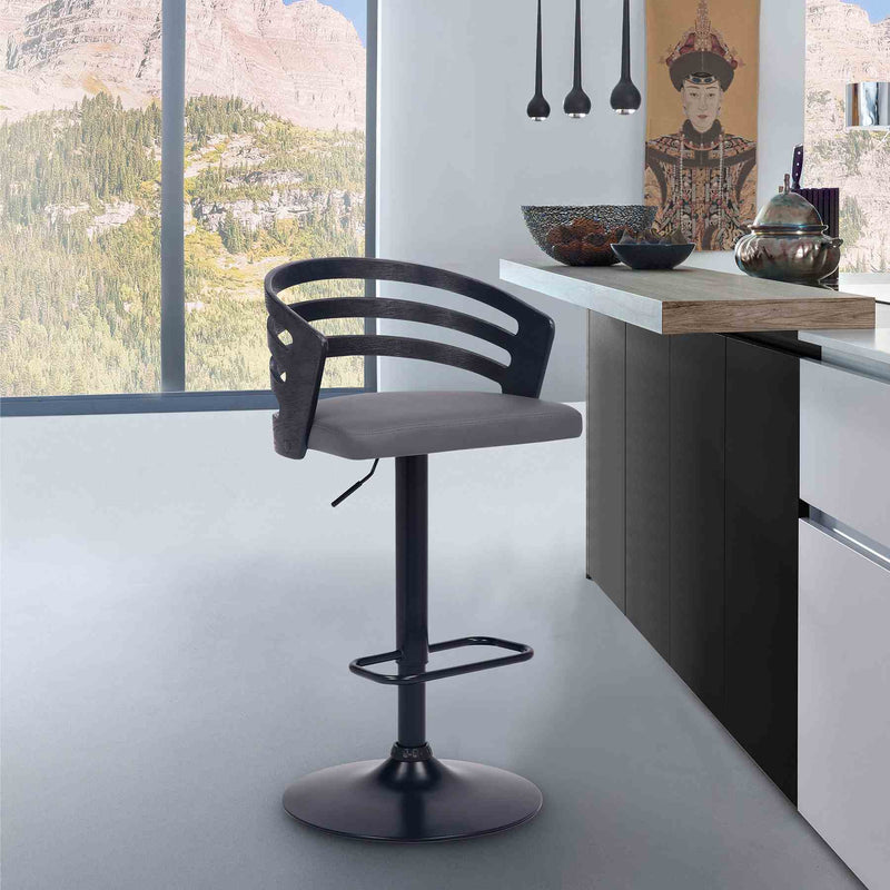Adele Adjustable Height Swivel Gray Faux Leather and Black Wood Bar Stool with Black Base - Furniture City (CA)l