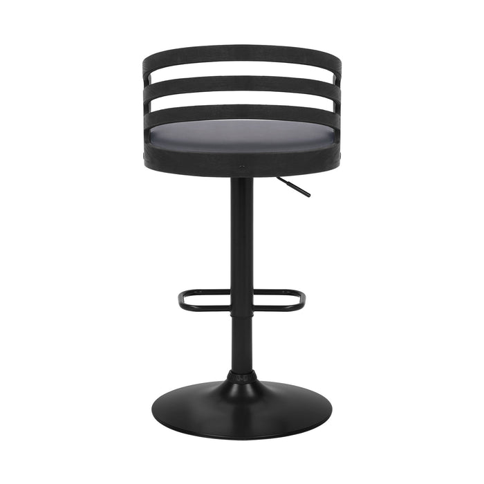 Adele Adjustable Height Swivel Gray Faux Leather and Black Wood Bar Stool with Black Base