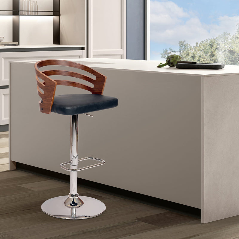 Adele Adjustable Height Swivel Black Faux Leather and Walnut Wood Bar Stool with Chrome Base - Furniture City (CA)l